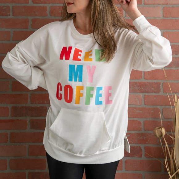 Bella Boho Clothing Sweaters - Need My Coffee White Pullover Sweatshirt